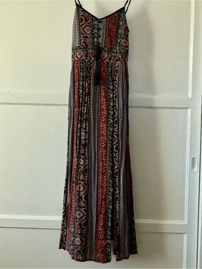 Xhilaration Red, Green & Black Striped Paisley Maxi Dress